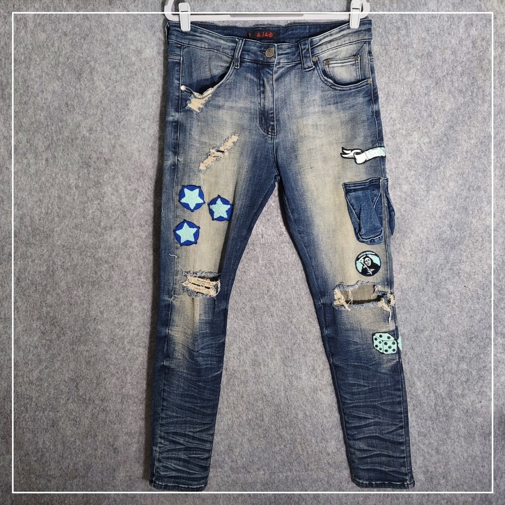 Gala Jeans Men 32 Blue Distressed Patchwork Slim Fit Streetwear Cargo Denim Pant